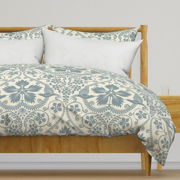 Bird Bedding - Italian Villa Damask by garabateo -  Blue Flowers Botanical Floral  Cotton Sateen Duvet Cover OR Pillow Shams by Spoonflower