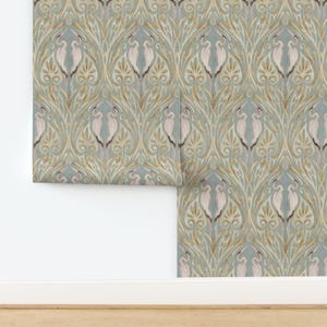 Art Nouveau Non-Pasted Wallpaper - Art Nouveau Cranes by taranealart - Herons Egrets Whooping Crane Wallpaper Double Roll by Spoonflower
