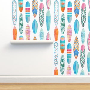 Watercolor Surfboard Non-Pasted Wallpaper - Surfboards by tasiania - Tropical Summer Modern Beach Home Wallpaper Double Roll by Spoonflower