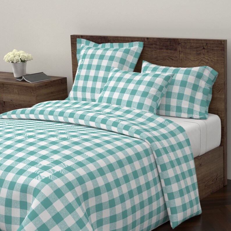 Rustic Plaid Cotton Sateen Pillow Sham Bedding by Spoonflower Blue And White Pillow Sham Buffalo Check In Aqua by willowlanetextiles