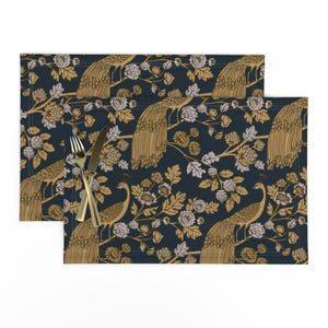 Chinoiserie Placemats (Set of 2) - Peacock Garden by ceciliamok - Peacock Rococo Baroque Navy Blue Yellow Cloth Placemats by Spoonflower
