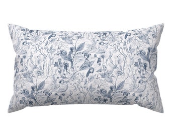 White Lumbar Pillow - Blue Floral Botanical Bird Nature Whimsical Girls Toile Rectangle Accent Throw Pillow - Inktoile by gaiamarfurt