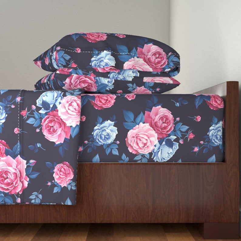 Pink Rose Flowers by ledelena Romantic Rose Cotton Sateen Sheet Set Bedding by Spoonflower Maximalist Floral Sheets