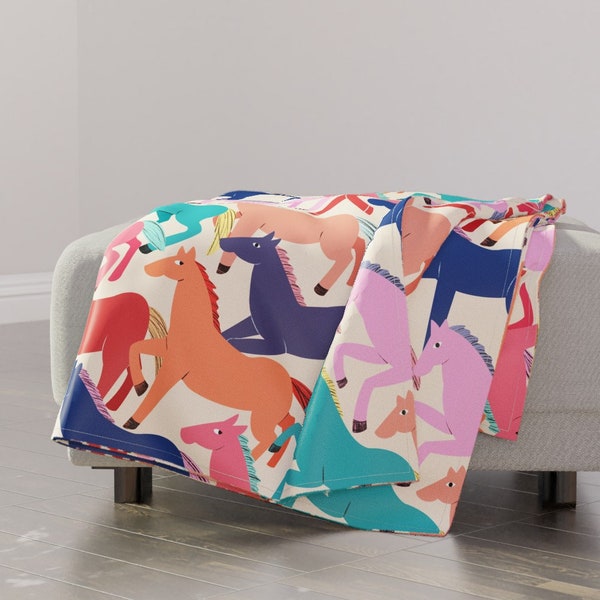 Whimsical Horses Throw Blanket - Colorful Horses by perrinphilippa - Wild Colorful Equestrian Cowgirl  Throw Blanket with Spoonflower Fabric