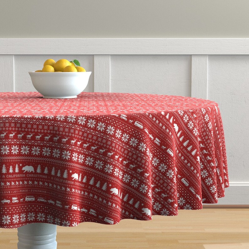 Holiday Red Cotton Sateen Circle Tablecloth by Spoonflower California Christmas Round Tablecloth California Christmas by jennshvili