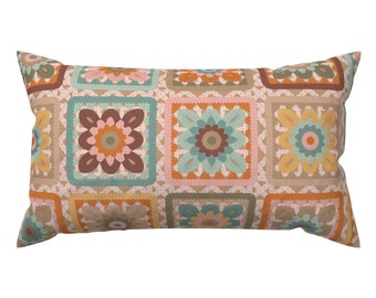 Vintage Pastel Accent Pillow - Granny Square Cozy by garabateo - Floral Granny Square Pink Blue Rectangle Lumbar Throw Pillow by Spoonflower