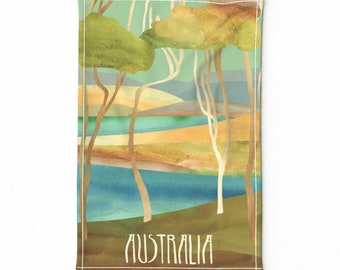 Landscape Tea Towel - Vintage Australia by ceciliamok - Down Under Art Nouveau Nouveau Gum Tree Linen Cotton Canvas Tea Towel by Spoonflower