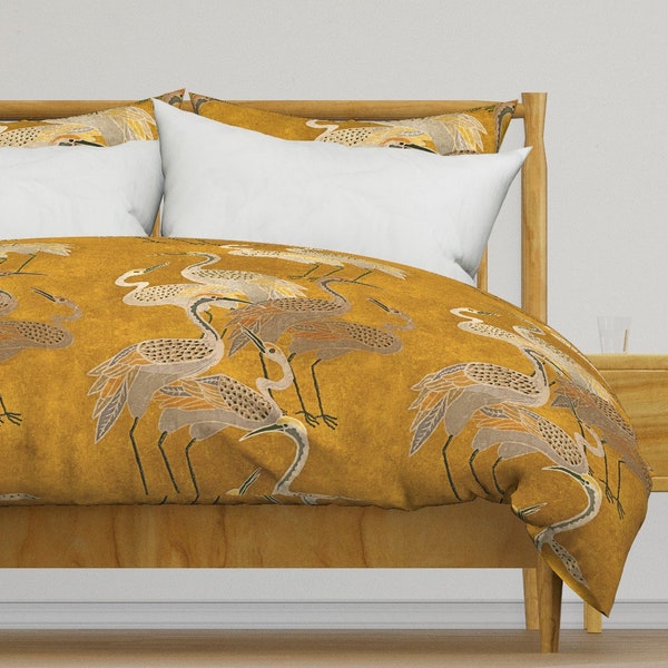 Chinoiserie Crane Bedding - Large Deco Cranes by shellyturnerdesigns - Egret Heron Cotton Sateen Duvet Cover OR Pillow Shams by Spoonflower