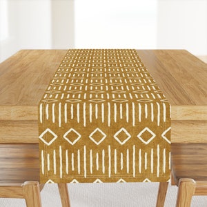 Diamond Geometric Table Runner - Mudcloth Farmhouse by littlearrowdecor - Bohemian Mustard Gold Cotton Sateen Table Runner by Spoonflower