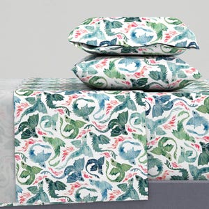 Watercolor Dragon Sheets - Dragon Fire by adenaj - Mystical Fantasy Flying Dragons Sea Green Cotton Sateen Sheet Set Bedding by Spoonflower
