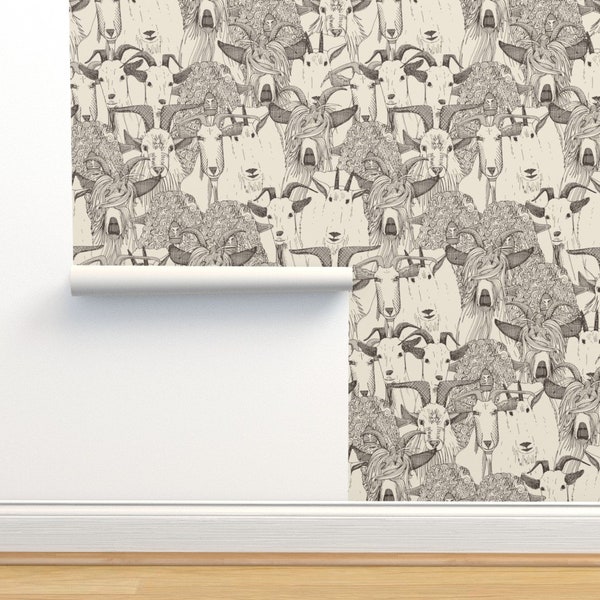 Goat Commercial Grade Wallpaper - Just Goats Natural by scrummy - Mountain Goat Farmhouse Neutral Wallpaper Double Roll by Spoonflower
