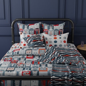 Kid&#39;s Robot Cotton Bedding Collection - Space Red Gray Galactic Minimal Owls Printed Duvet Cover, Sheet Set, Pillow Sham and Throw Blanket