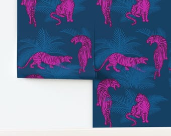 Maximalist Tigers Non-Pasted Wallpaper Neon Pink Opulent Jungle Large Scale - Jungle Tigers Bright by 2birdstone Wallpaper by Spoonflower