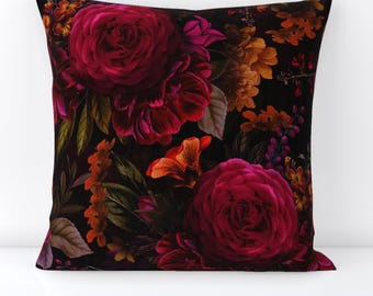 Moody Floral Throw Pillow - Gothic Flower  Maximalist Bouquet Dark Red Decorative Square Throw Pillow - Antique Painted Roses by utart
