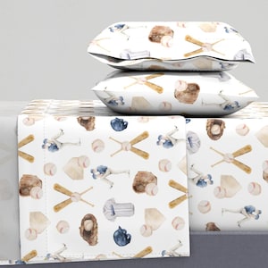 Baseball Watercolor Sheets - Slugger by maddiero - Summer Sports Batter Up Bat Ball Cotton Sateen Sheet Set Bedding by Spoonflower