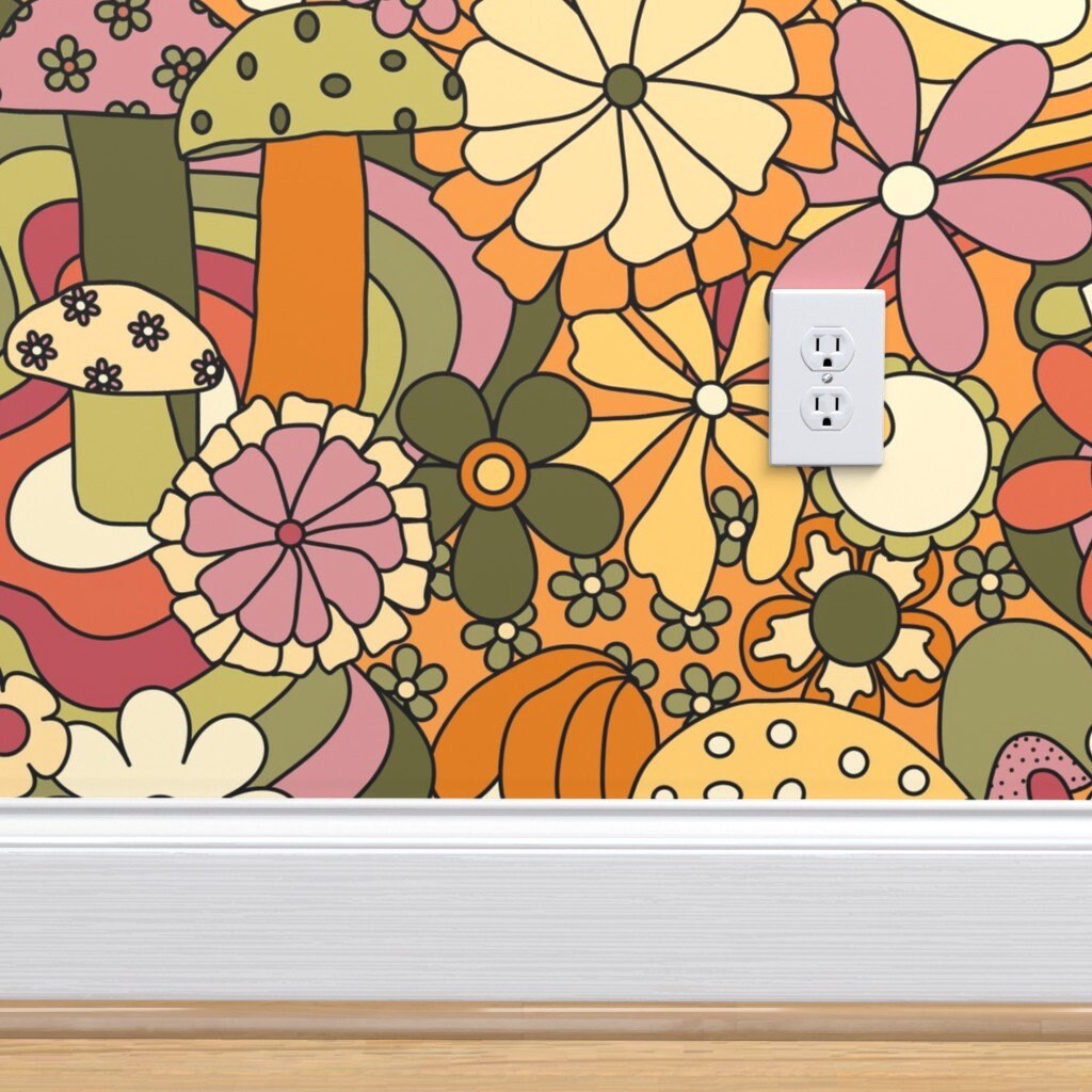 Retro Wallpaper Groovy Mushroom Garden by - Etsy