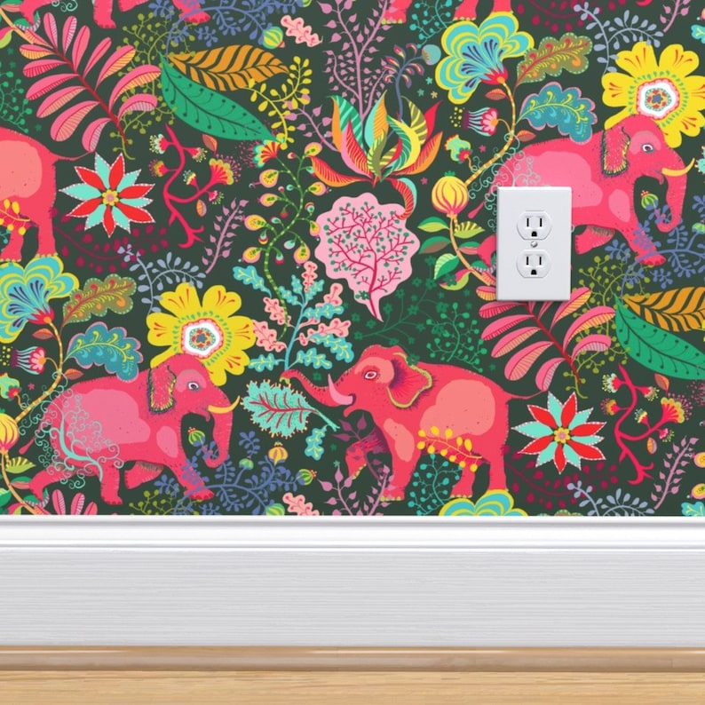 Psychedelic Elephant Wallpaper Floral Jungle Elephants by - Etsy
