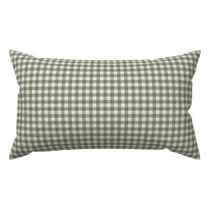 May include: A rectangular pillow with a green and white gingham pattern. The pillow has a classic, farmhouse style, and is designed for decorative use on a bed or sofa. The pillow's dimensions are not visible.