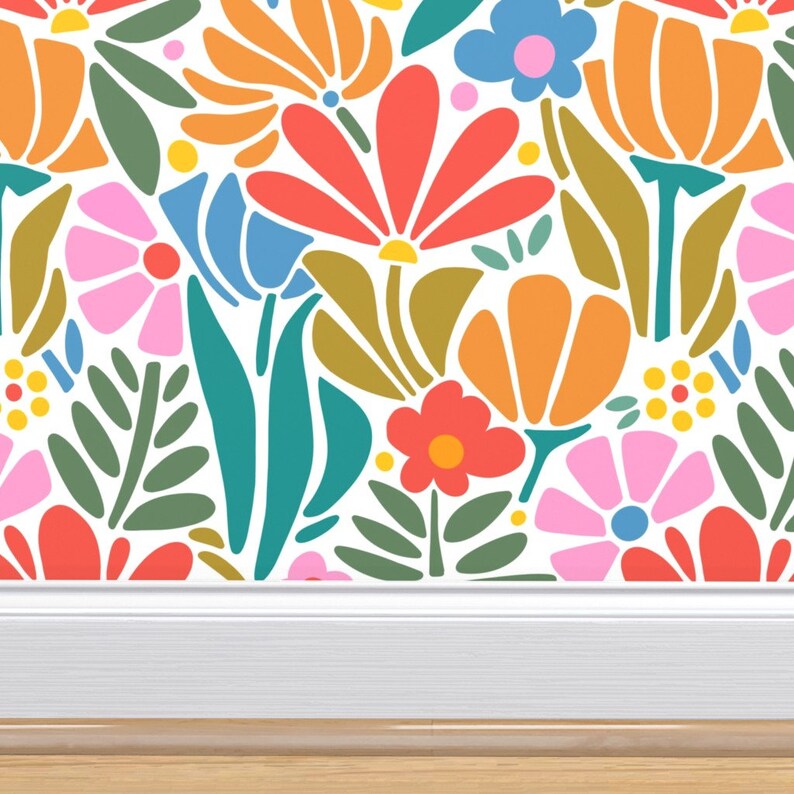 Psychedelic Floral Non-Pasted Wallpaper Retro 1960s Pink Botanical - Maximalism Folk by jenflorentine Wallpaper Double Roll by Spoonflower image 5