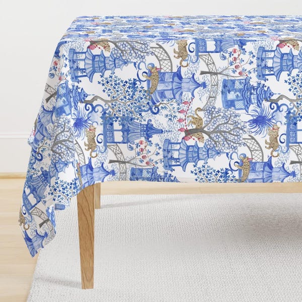 Pagoda Forest Tablecloth - Party Leopards by danika_herrick - Chinese Chinoiserie Lanterns Leopard Cotton Sateen Tablecloth by Spoonflower