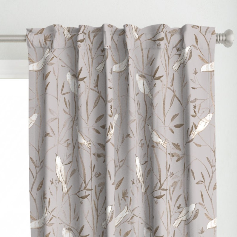 Neutral Botanical Curtain Panel Birds on Branches by Etsy
