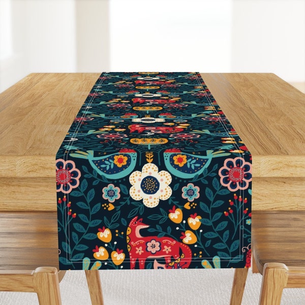 Scandi Rustic Table Runner - Enchanted Forest Large by sally_mountain - Floral Fox Maximalist Cotton Sateen Table Runner by Spoonflower