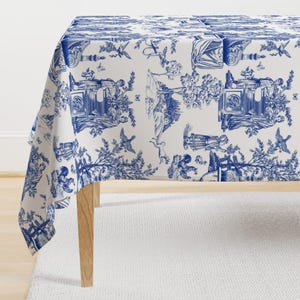 Classical Toile Tablecloth - Garden Toile by chicca_besso - Indigo Blue Traditional Blue And White Cotton Sateen Tablecloth by Spoonflower