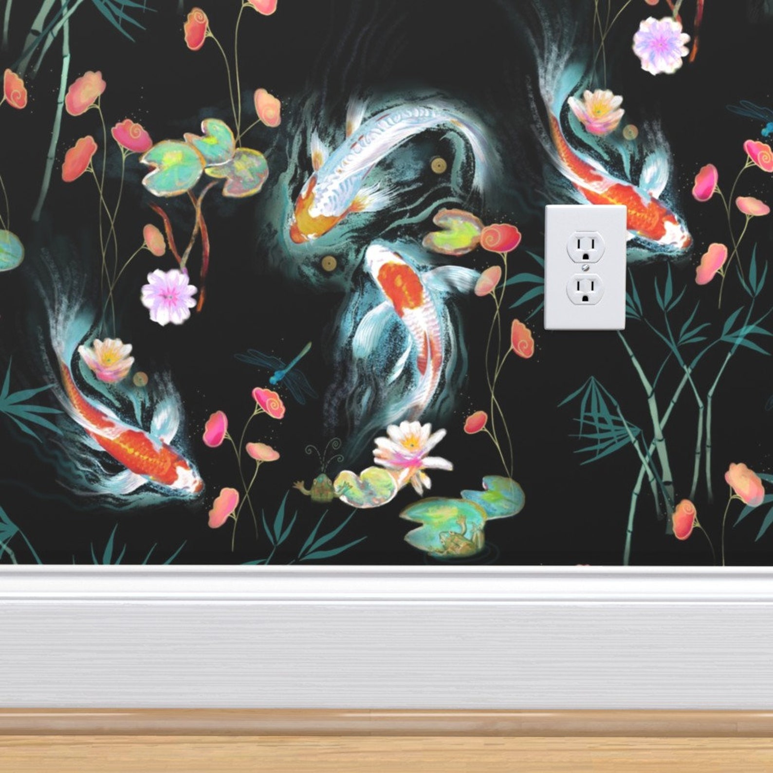 Koi Pond Wallpaper Japanese Water Garden Black by - Etsy