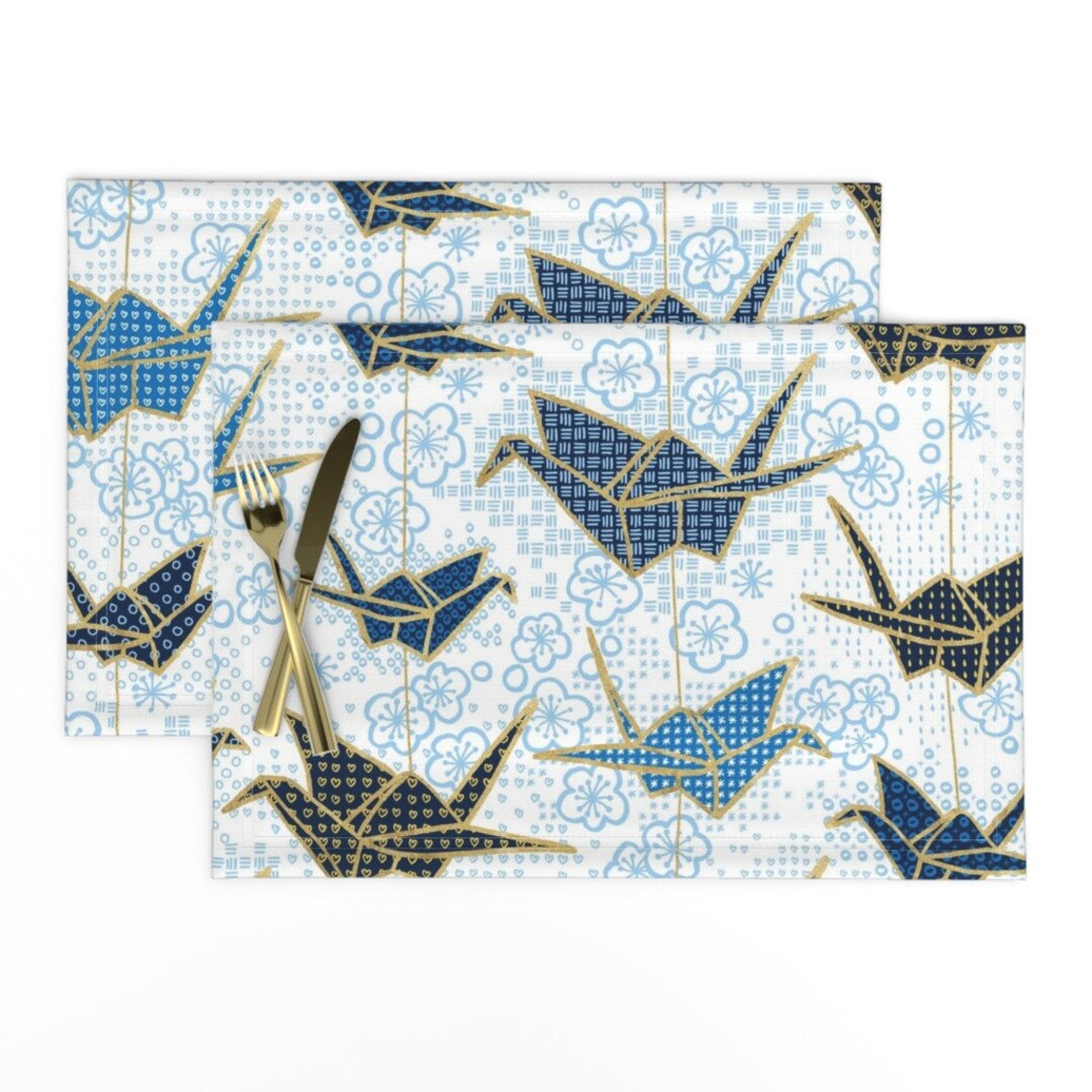 Origami Placemats set of 2 Japanese Origami by Marketa_stengl Japanese Large Sacle Blue Polka