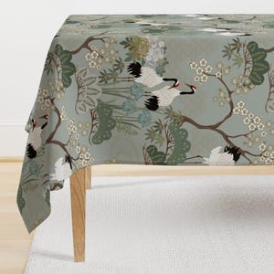 Crane Chinoiserie Tablecloth - Japanese Garden Sage by juditgueth - Sakura Cherry Blossom Floral Cotton Sateen Tablecloth by Spoonflower