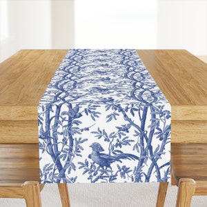 Puede incluir: Camino de mesa azul y blanco con un diseño botánico con árboles y pájaros. El camino de mesa está colocado sobre una mesa de madera. El diseño es un patrón repetitivo de árboles, hojas y pájaros.