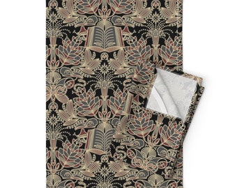 Floral Tea Towels (Set of 2) - Dark Academia by boszorka - Book Mushroom Moth Damask Dark Academia  Linen Cotton Tea Towels by Spoonflower