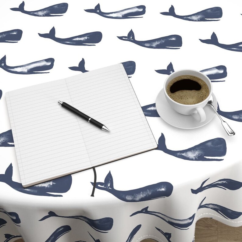 Blue Whale Ocean Luxe Cotton Sateen Round Tablecloth by Roostery with Spoonflower Fabric Moby and Friends by jillbyers Round Tablecloth