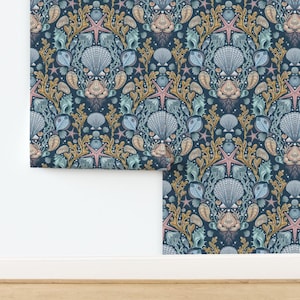 Ocean Damask Non-Pasted Wallpaper Fish Aqua Navy Sea Jellyfish Coral Underwater Starfish - Deep Sea by rebelform Wallpaper by Spoonflower