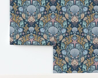 Ocean Damask Non-Pasted Wallpaper Fish Aqua Navy Sea Jellyfish Coral Underwater Starfish - Deep Sea by rebelform Wallpaper by Spoonflower