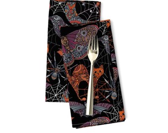 Raven Dinner Napkins Set of 2 - Fall Halloween Moth Witch Spooky Witches Midnight Spider Pumpkins Cloth Napkins - Spooky by valentinaharper