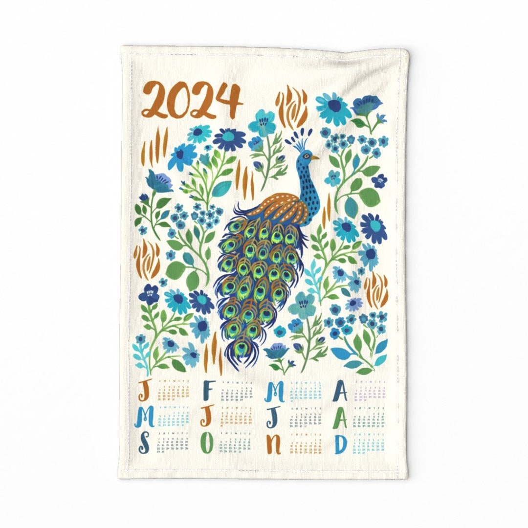 2024 Calendar Tea Towel Peacock Garden by Jill_o_connor Teal Flowers 2024 Calendar Tea Towel Peacock Garden by Jill_o_connor Teal Flowers