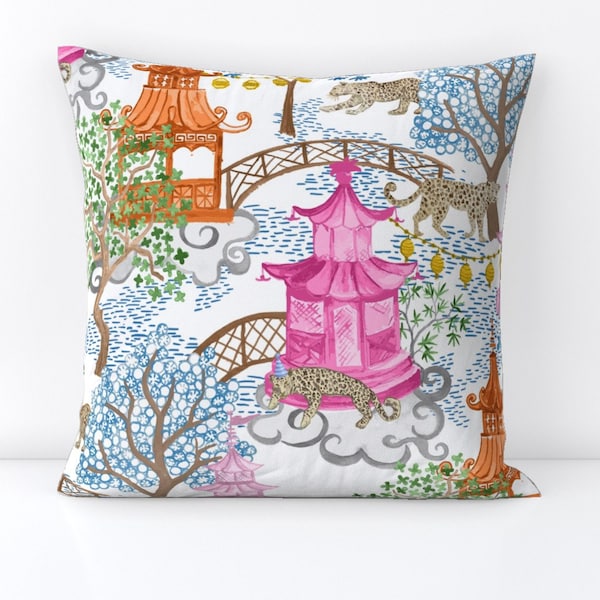 Chinoiserie Throw Pillow - Pagoda Forest by danika_herrick - Pagoda  Leopards Pink And Rust Decorative Square Throw Pillow by Spoonflower