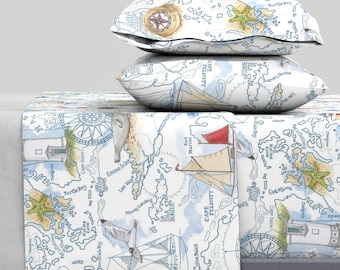 Nautical Sheets - Sail Away Map by felicity_jane_design - Hand Drawn Sea Life Beach Compass Cotton Sateen Sheet Set Bedding by Spoonflower