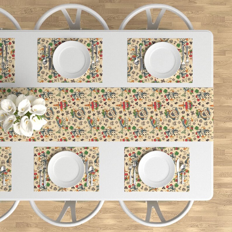 Set of 4 - Old Tattoos Good Wishes by analinea Retro Placemats Rockabilly Tattoo Old School Heart Love Cloth Placemats by Spoonflower
