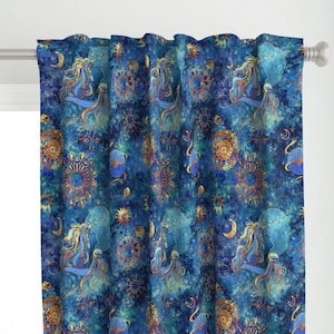 Celestial Watercolor Curtain Panel - Blue Moon by designed_by_debby - Night Sky Sun And Moon Stars Blue Custom Curtain Panel by Spoonflower