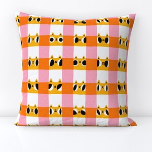 Cat Checks Throw Pillow - Check It Out Meow by stolenpencil - Gingham  Animals Cartoon Funny Decorative Square Throw Pillow by Spoonflower
