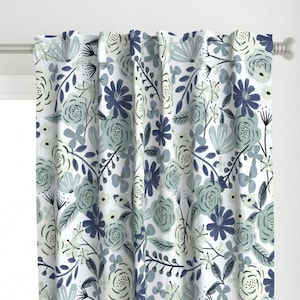 Blue Boho Floral Curtain Panel - Sage Green Floral Wilderness Large Scale Navy Blue Custom Curtain Panel - Flower Child Boho by roochita - image 1