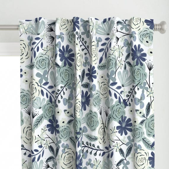 Blue Boho Floral Curtain Panel - Sage Green Floral Wilderness Large Scale Navy Blue Custom Curtain Panel - Flower Child Boho by roochita -