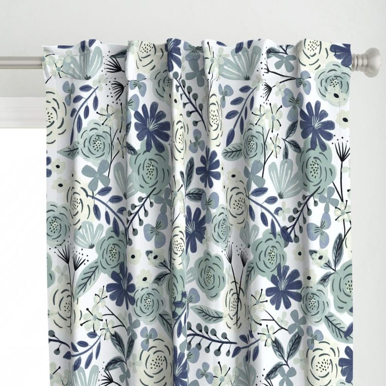 Blue Boho Floral Curtain Panel - Sage Green Floral Wilderness Large Scale Navy Blue Custom Curtain Panel - Flower Child Boho by roochita - image 1