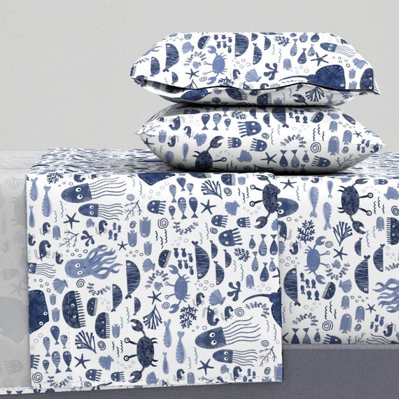 Meerestiere Bettwäsche - Unter Dem Blauen Meer von red_raspberry_design - Nautische Meerestiere Baumwollsatin Bettwäsche Set Bettwäsche von Spoonflower