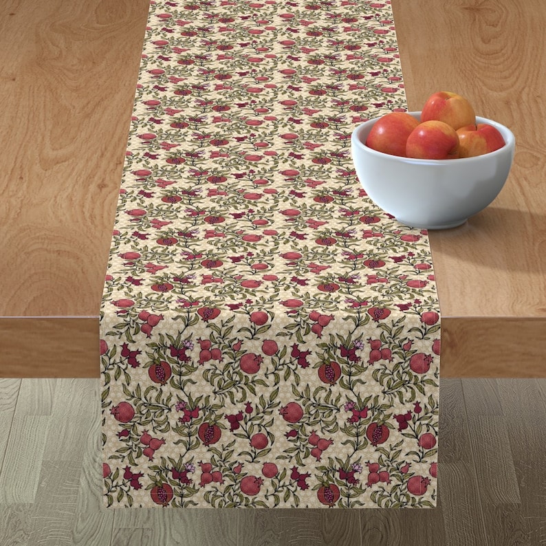 Rustic Pomegranate by maritcooper Floral Table Runner Fruit Repeat Pattern Renaissance Cotton Sateen Table Runner by Spoonflower