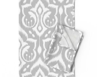 Floral Tea Towels (Set of 2) - Ikat Damask  by pattysloniger - Modern Home Decor Gray Silver Linen Cotton Tea Towels by Spoonflower