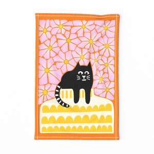 Black Cat Tea Towel - The Cat In The Vase by sandra_hutter_designs - Whimsical Cute Kitty Linen Cotton Canvas Tea Towel by Spoonflower