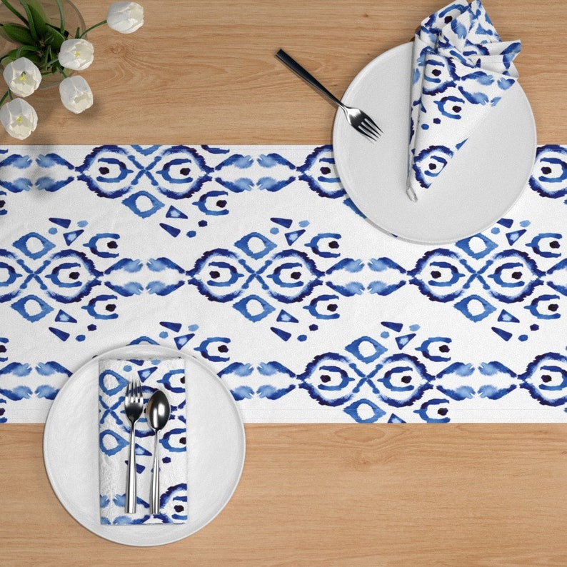 Bohemian Ikat Blue White by misschiffdesigns Boho Table Runner Watercolor Indigo And White Cotton Sateen Table Runner by Spoonflower